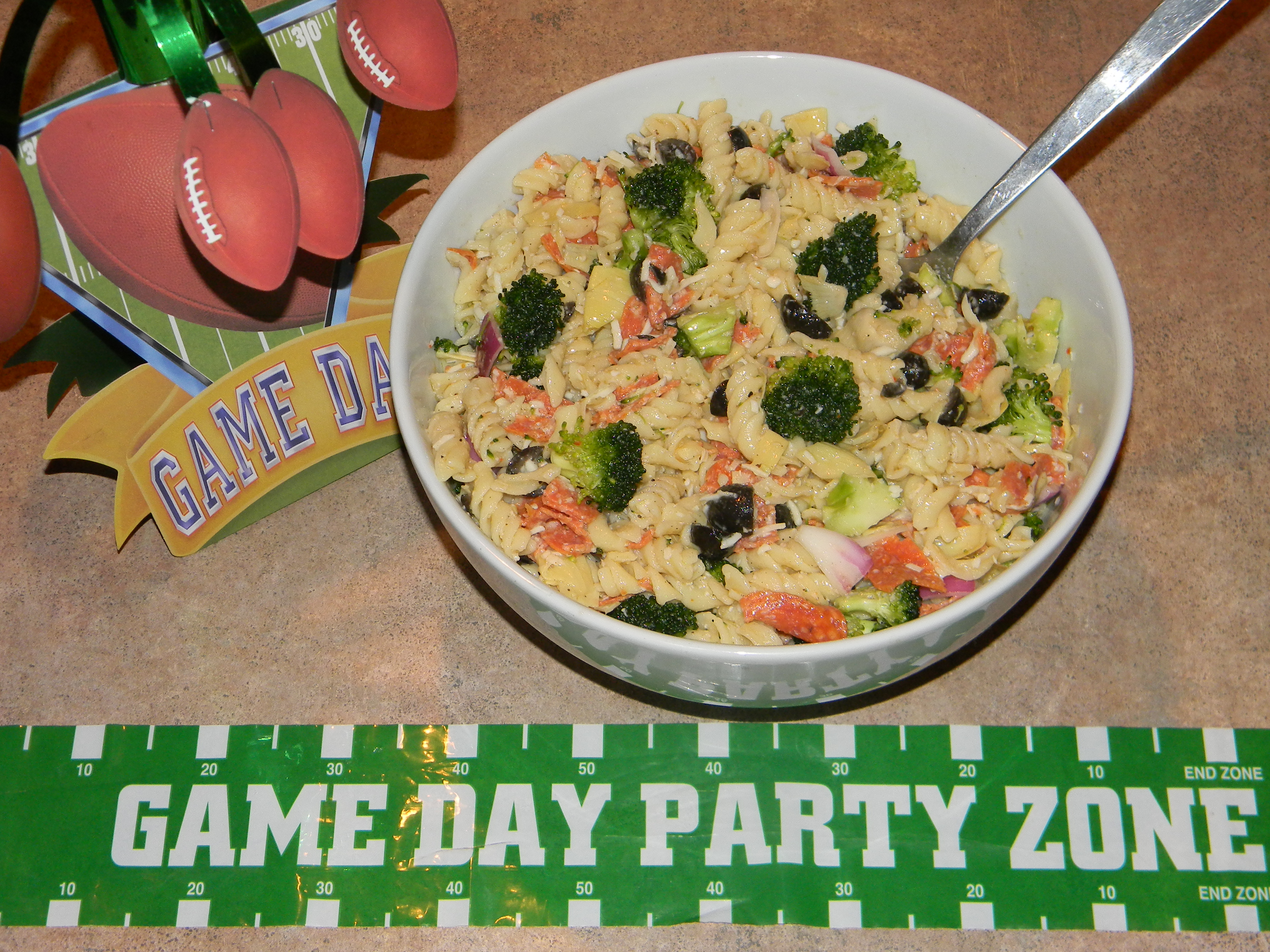game day foods, game day food, pasta salad