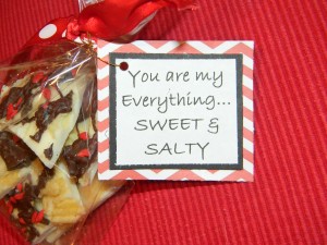 Potato Chip Bark packaged with cute Valentine gift tag