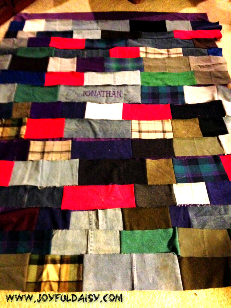 recycled jean quilt, layout strips