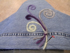 Recyceld Jean Hanger Cover with felting decorations for accessory organizer